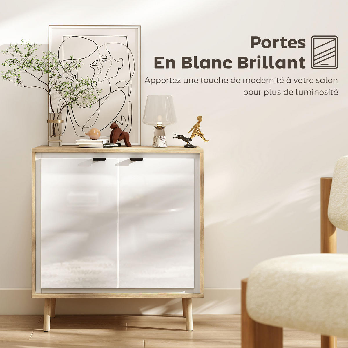 SIDEBOARD Weiß-Hochglanz und Eiche-Nachbildung, 72/35/77 cm - Weiß, Holz (72/77/35cm) - PANGIVO