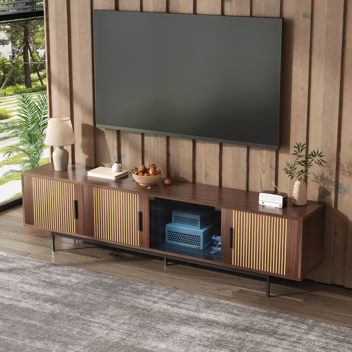 TV-ELEMENT200X35X53CM WalnussBraun Lowboard mit LEDLichtleiste und Glastür - Schwarz, Holz (42.19/24.61/62cm) - Raelunyi