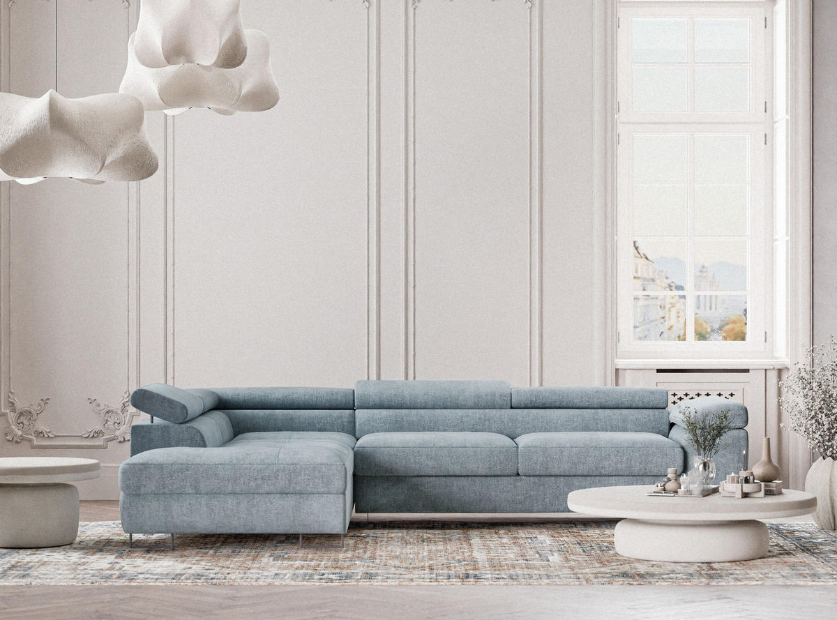 ECKSOFA Concord Hellblau Chenille-Stoff - Links Seite - Schwarz/Hellblau, Holz/Holzwerkstoff (203/277cm) - Maison de Reve