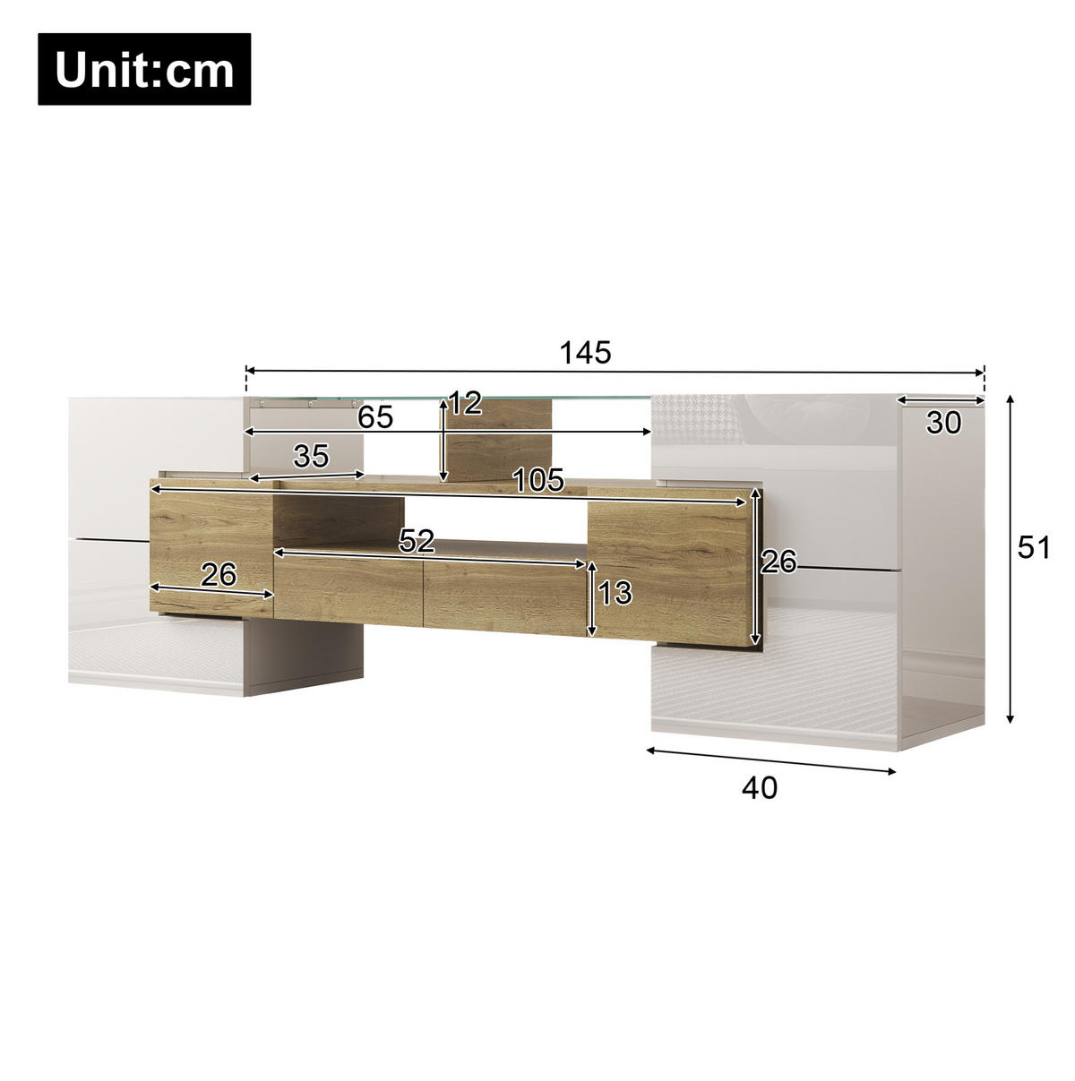 TV-LOWBOARD 145/30/51 cm mit LED-Beleuchtung und 2 Schubladen - Weiß, Holzwerkstoff (145/51/30cm) - BEAOK