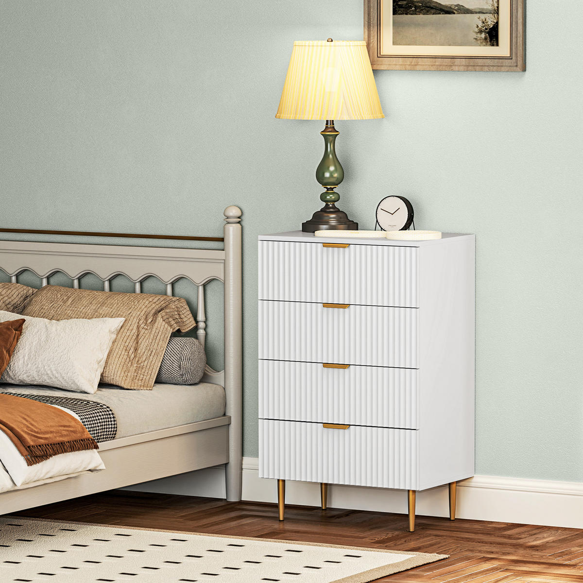 KOMOODE DE-12919 4 Schubladen, geriffelte Fronten Weiß - Weiß, Holzwerkstoff (60/96/40cm) - ComfortXL