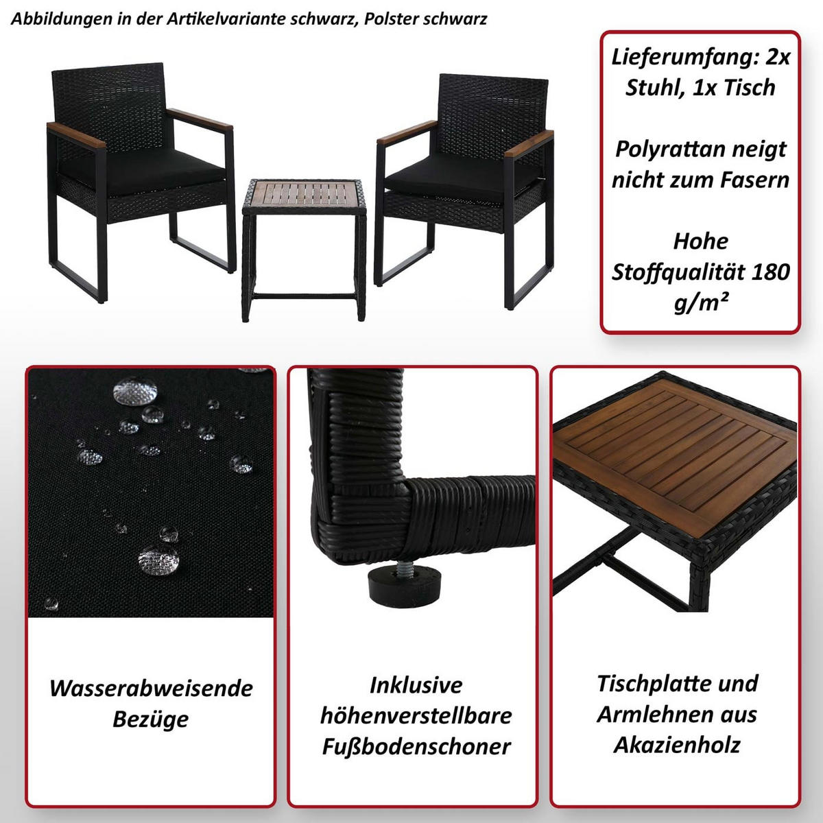 POLY-RATTAN GARNITUR Schwarz - Schwarz, Kunststoff - MCW