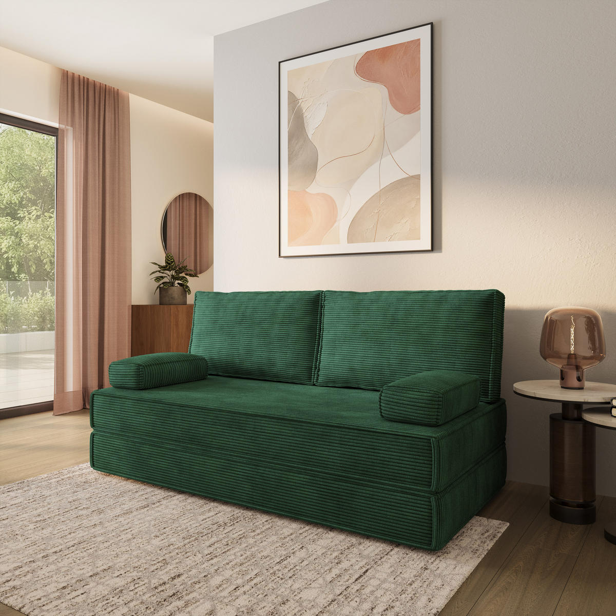 POHOVKA z pěny SILAR s funkcí spaní Manšestrová látka Zelená - zelená barva, textil (170/86/80cm) - MASSENO