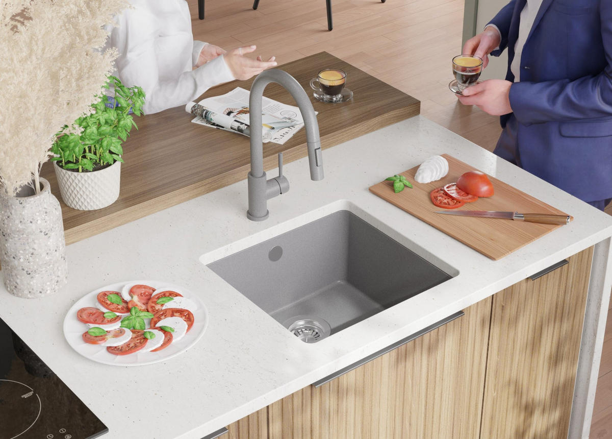 UNTERBAUSPÜLE GRANIT Venedig Easy, 2-er set Grau 46/44 cm 1 Becken + Ablauf-Set ab 50er Unterschrank - Chromfarben/Grau, Kunststoff (46/20/44cm) - Primagran