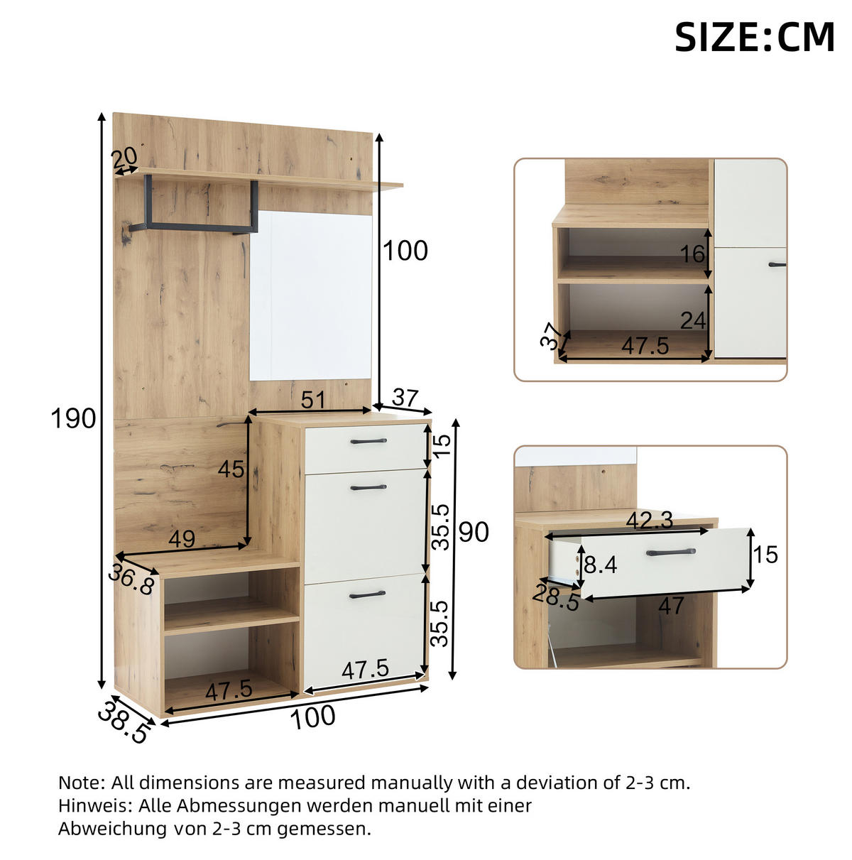 OMARA za čevlje 100/38,5/190 cm z ogledalom, predalom in zložljivimi vrati, prostorna, Bela + naravna - naravne barve, leseni material (38.5/190/100cm) - Redom