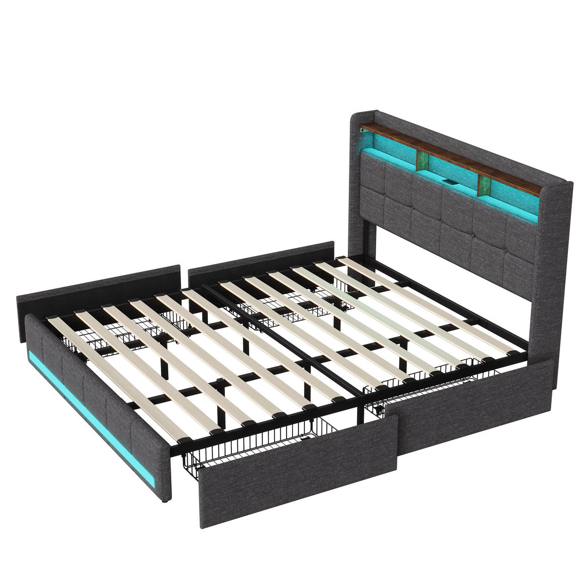 POLSTERBETT 140x200 cm LED USB Schubladen Stauraum grau - Grau, Holz (140/200cm) - LEBENLANG