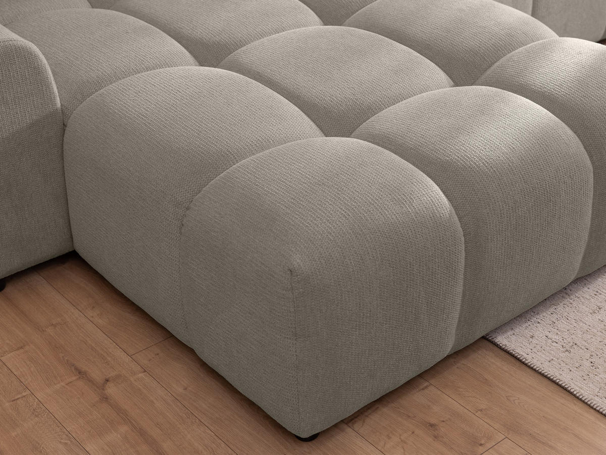 ECKSOFA Bubble mit losen Rückenkissen und Sitzfläche in Bubble-Optik aus weichem Taupe Strukturstoff mit schöner Sitzkomfort - Ottomane links - Taupe/Schwarz, Holz/Kunststoff (180/306cm) - S-Style Möbel