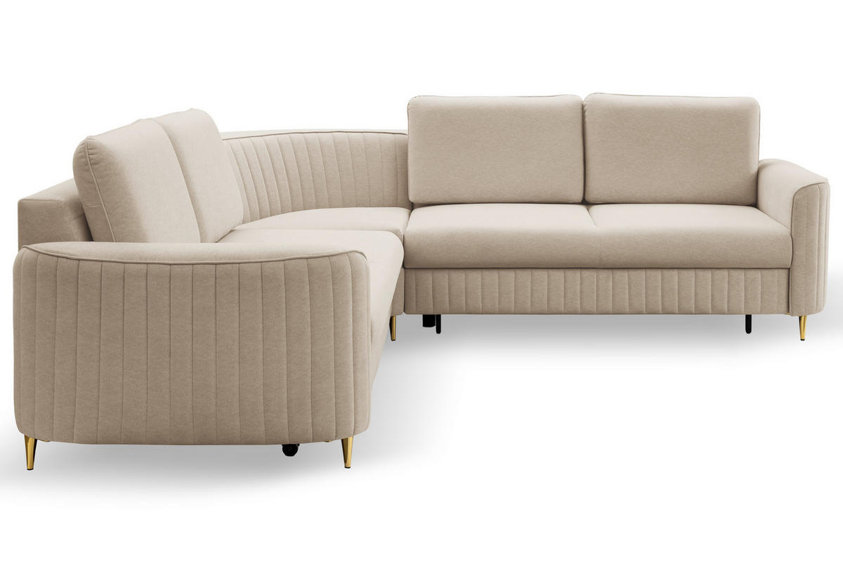 ECKSOFA VELA L-S Beige Velours-Stoff mit Schlaffunktion - Beige, Holz (251/251cm) - MASSENO