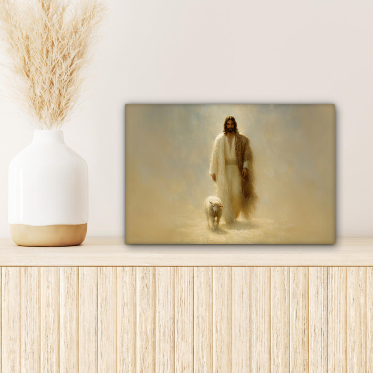 LEINWANDBILD Schaf - Jesus - Pinselstriche - Abstrakt Deko Schlafzimmer 30x20 cm - Sandfarben, Textil (30/20cm) - MuchoWow