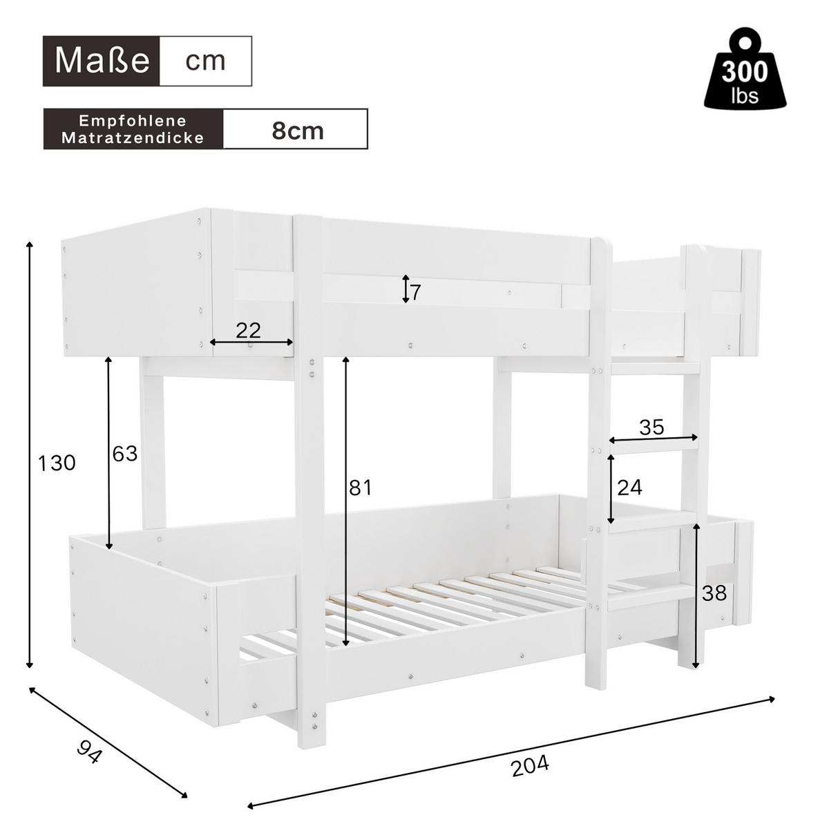 ETAGENBETT 90/200 cm Weiß mit Leiter inklusive Lattenrost aus Massivholz - Weiß, Holzwerkstoff (90/200cm) - OKWISH