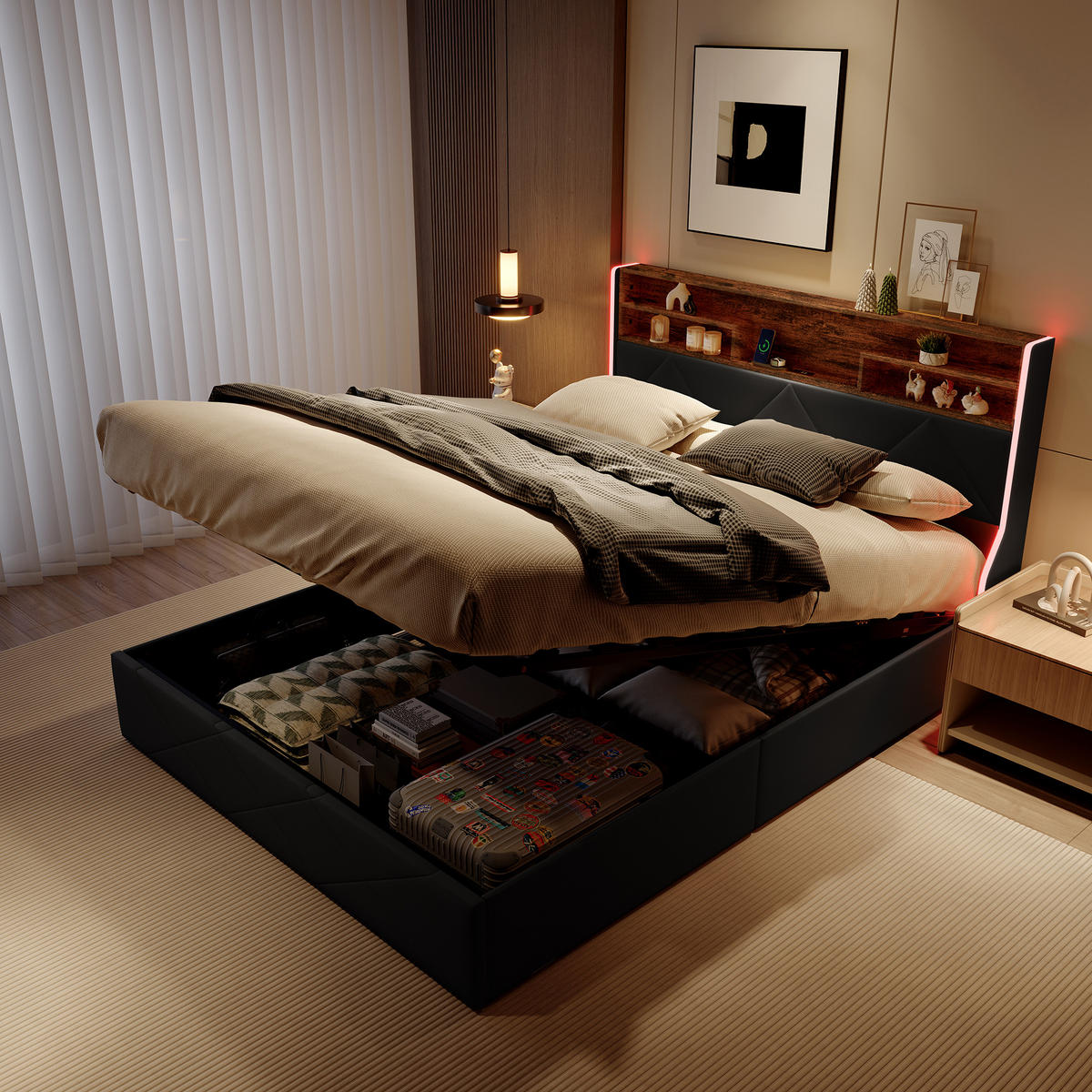 POLSTERBETT 160/200 cm Schwarz mit Bettkasten, LED-Beleuchtung, Kopfteil mit Ablage und USB-C/USB-Anschluss - Schwarz, Metall (160/200cm) - EuroLiving