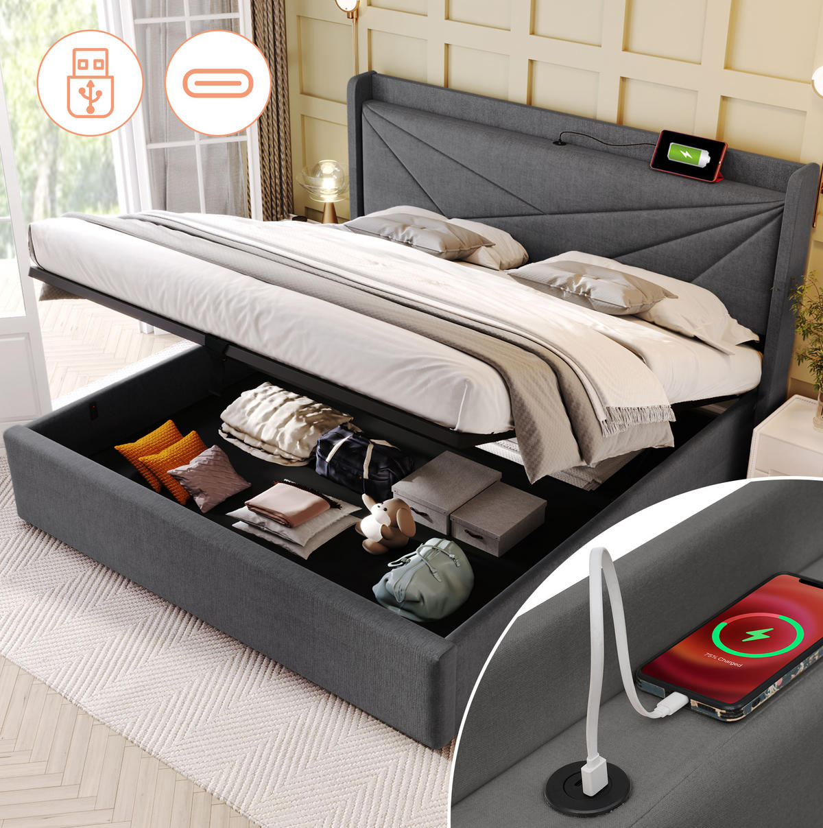 POLSTERBETT 180/200 cm Grau mit Bettkasten und USB- und Type-C-Anschlüssen - Grau, Textil (180/200cm) - Flora Grace