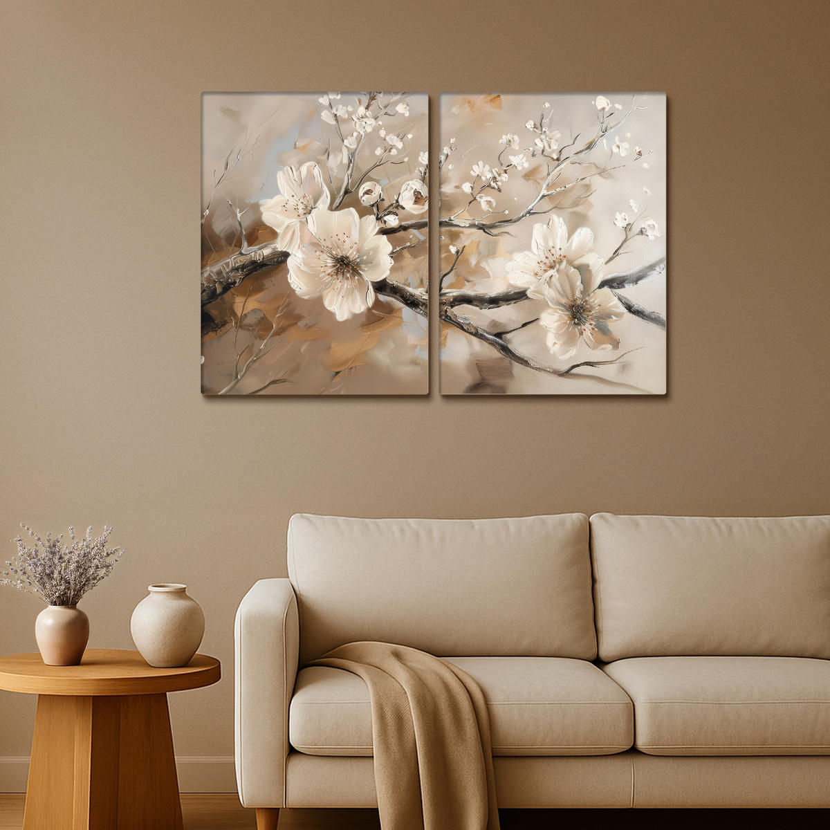LEINWANDBILD 2er Set Blüte - Beige - Abstrakt - Blumen 120x80 cm - Hellbraun, Textil (120/80cm) - MuchoWow