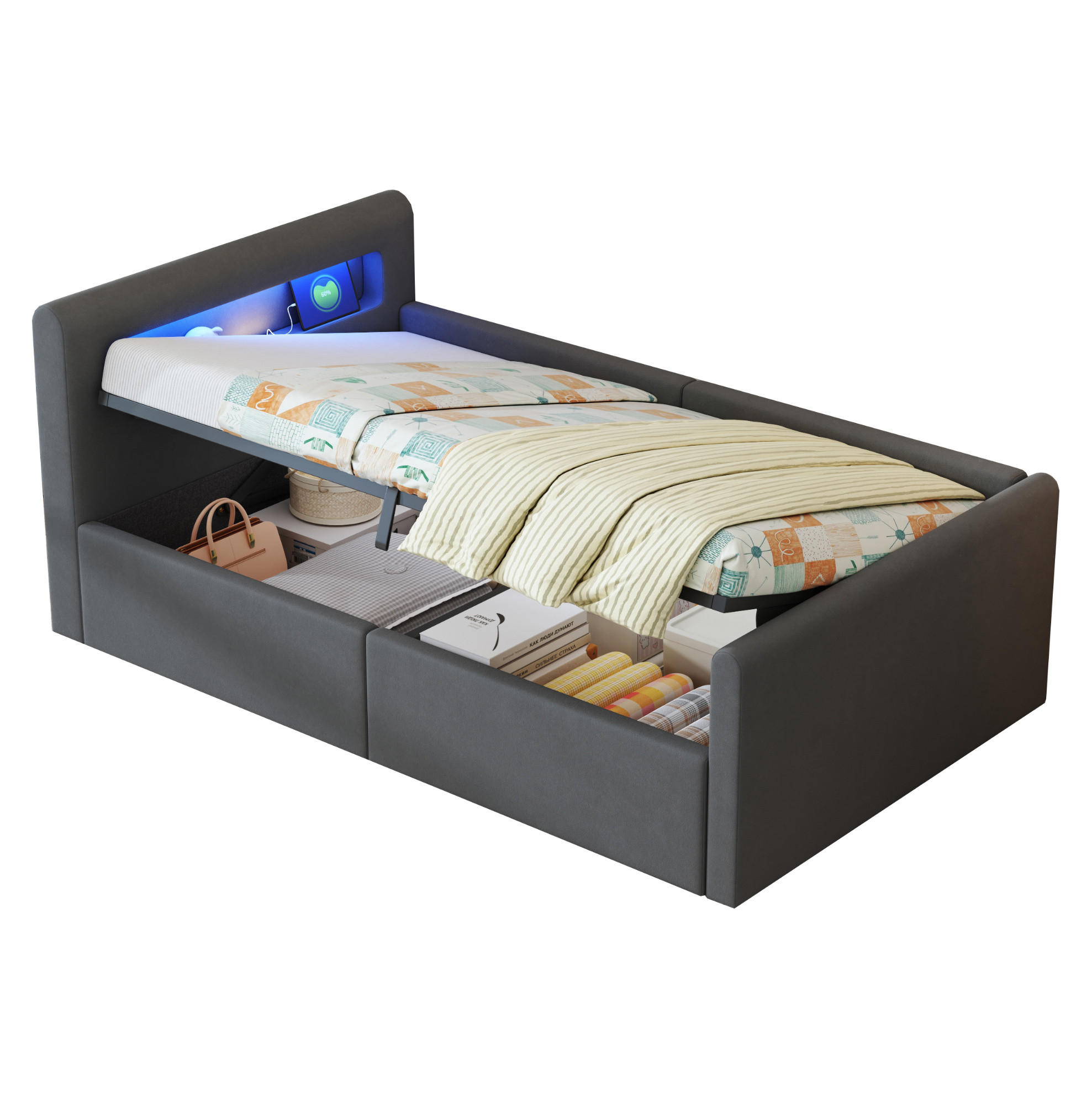 OKWISH ČALOUNĚNÁ postel 90/200 cm tmavě šedá z sametu s LED osvětlením, USB a úložným prostorem