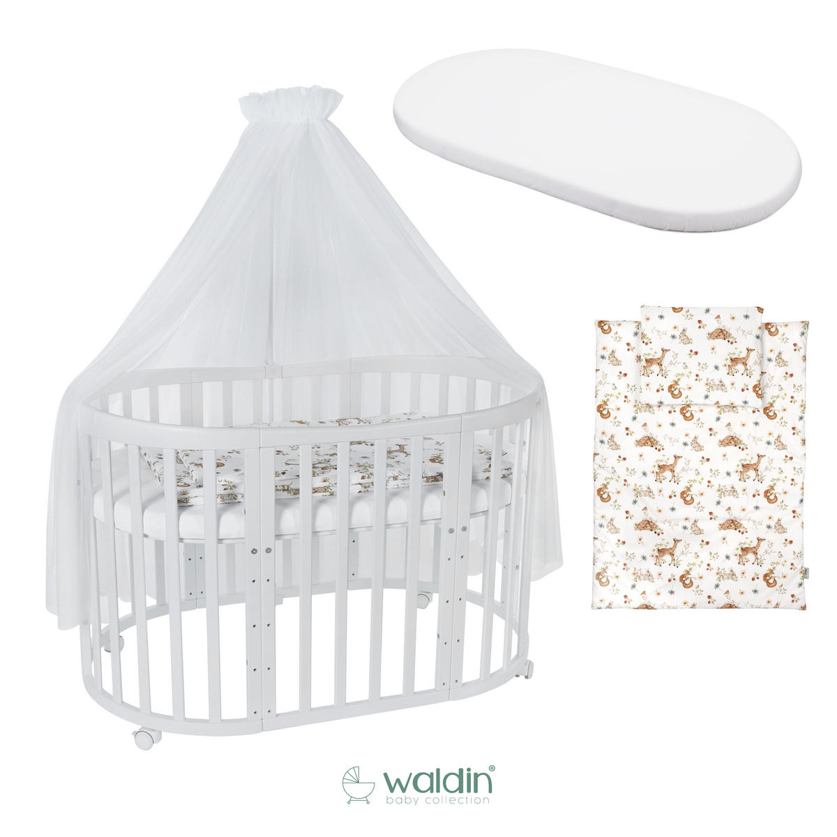 BABYBETT WHITE OVAL 7in1 mit Matratze und Himmelset - Multicolor/Naturfarben, Holz/Textil
