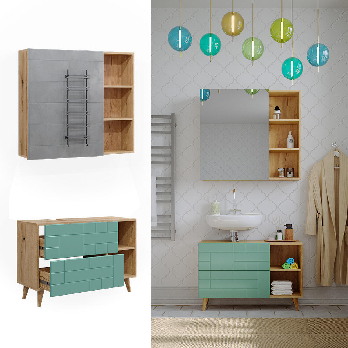 BADMÖBEL-SET Rudi Mintgrün 2 Teile - Eichefarben/Mintgrün, Holzwerkstoff (90/59/32cm) - Vicco