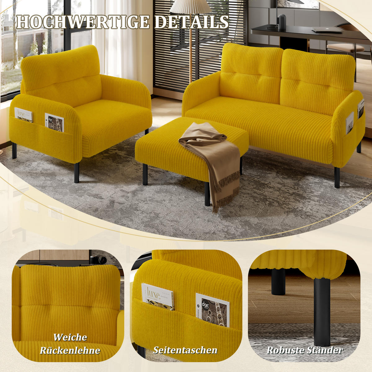 SOFA Set, 2-Sitzer+Sessel+Hocker, Cord, Gelb - Gelb/Schwarz, Textil/Metall (120/79/75cm) - LVHOM