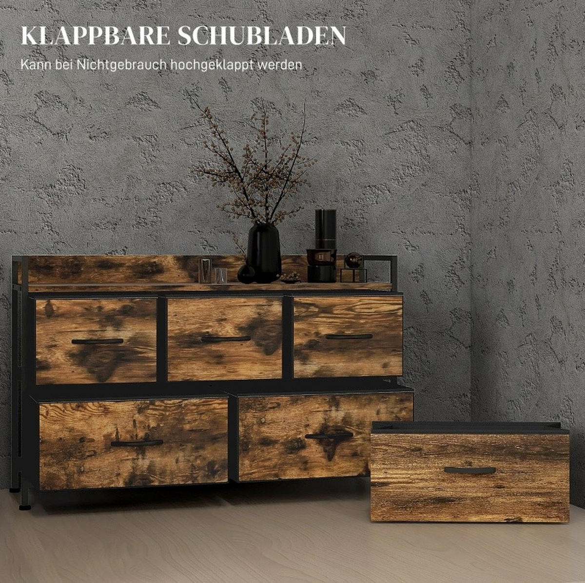 KOMMODE 98/29/63 cm mit 5 Stoffschubladen und Stahlgestell - Braun, Holzwerkstoff (98/63/29cm) - BEAOK