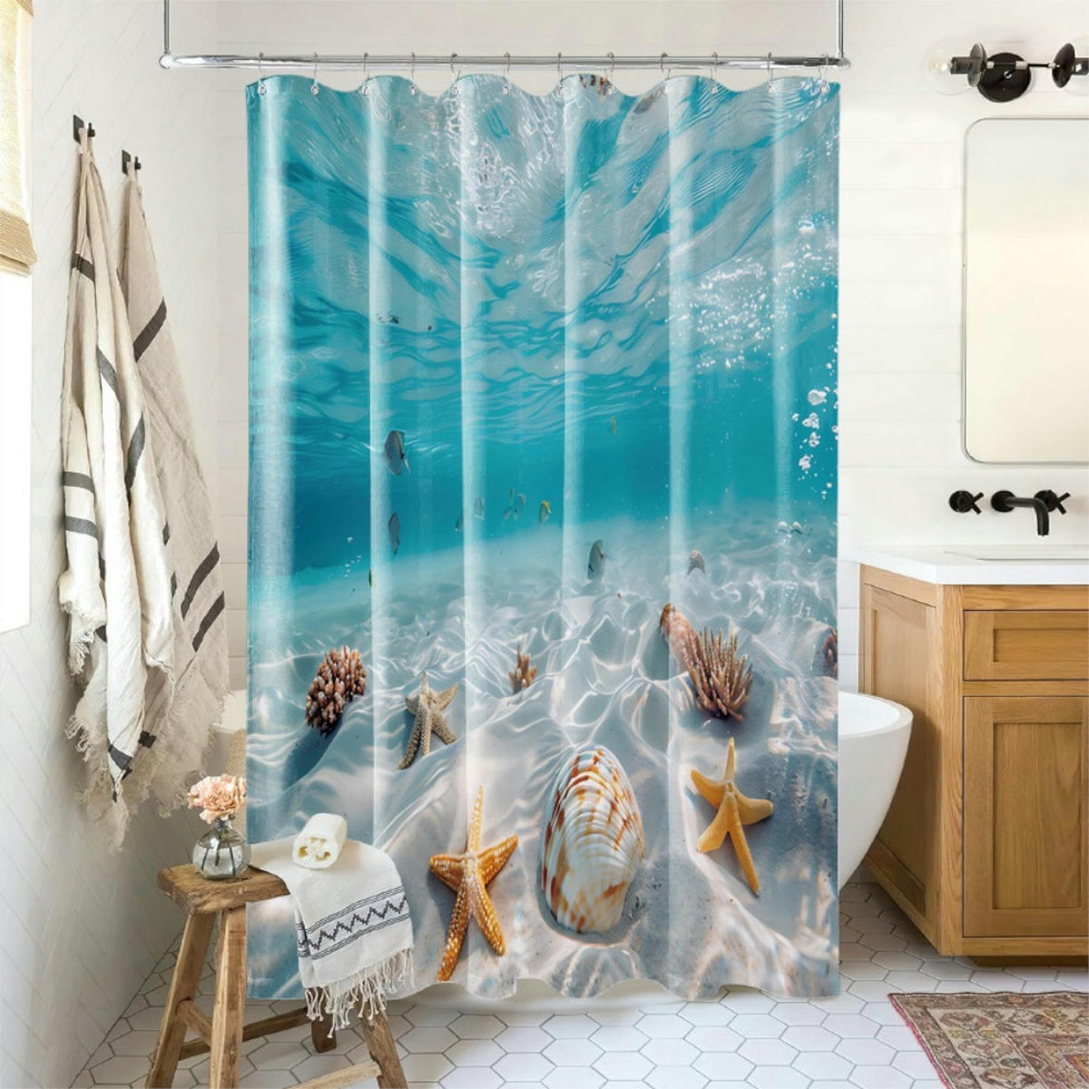 DUSCHVORHANG Waterworld 180 x 200 cm - Blau/Beige, Textil (180/200cm) - Sanilo