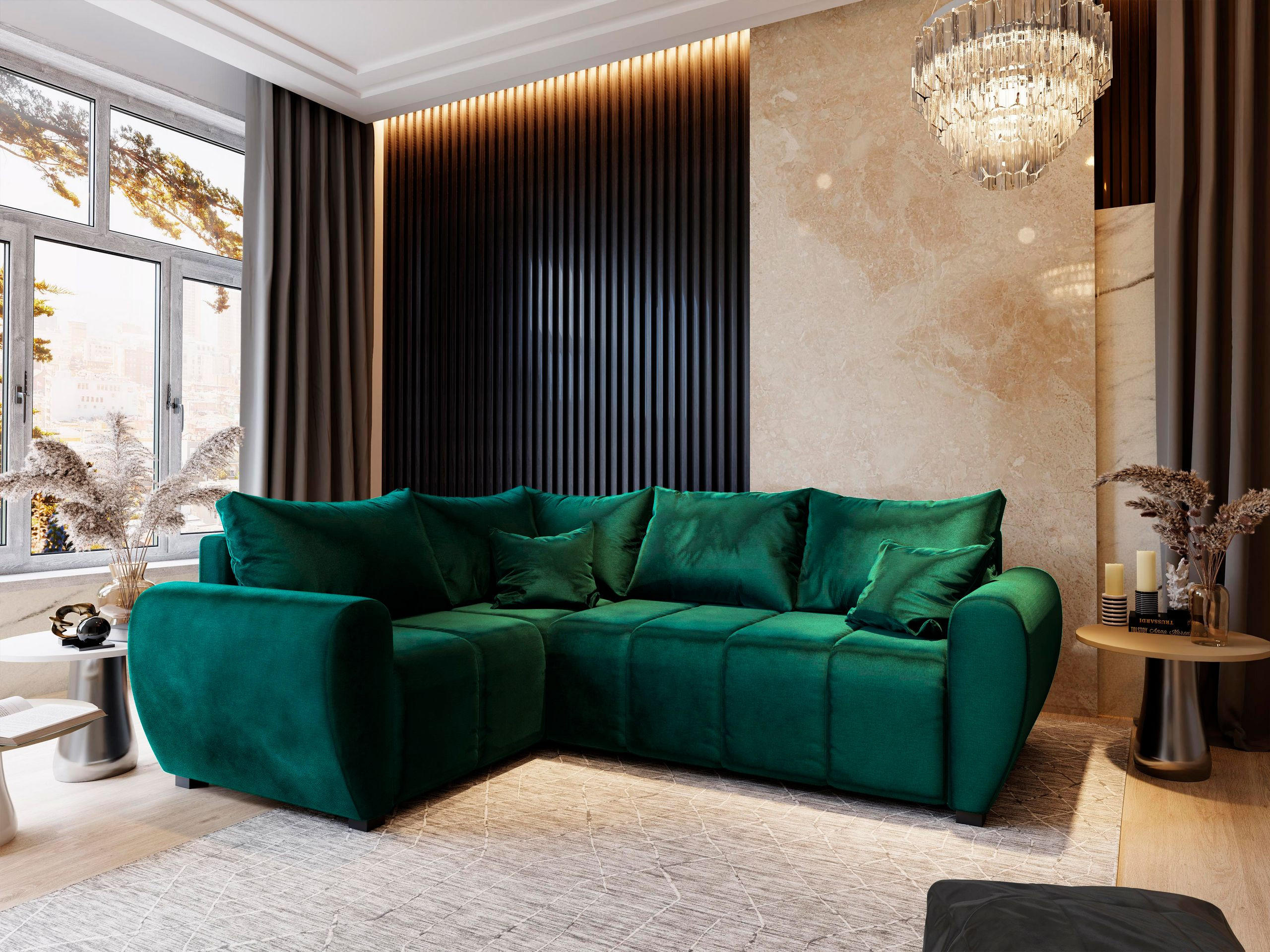 ECKSOFA MADISON L L-S Grün Plüsch-Stoff mit Schlaffunktion - Grün, Holz (235/175cm) - MASSENO