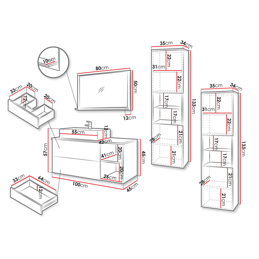 Thumbnail - Mirjan24 Badmöbel-Set, Weiß, Holzwerkstoff, 2 Schubladen, Rechteckig, 100x57x45 cm, Badezimmer, Badmöbelsets & Badmöbels...