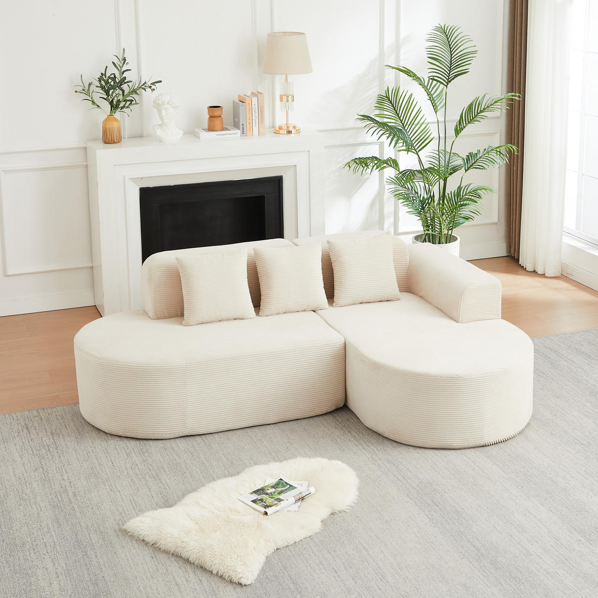 ECKSOFA 220/155/70 cm Beige Cord mit 3 Kissen, Rechte Seite - Beige, Textil (220/155cm) - Oxeza