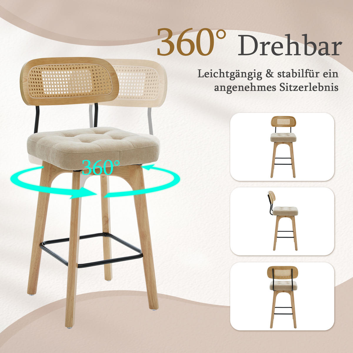 BARHOCKER 2er Set, 360° drehbar, Wiener Geflecht/Chenille, 67,5cm Sitzhöhe, Khaki - Wildeiche/Hellbraun, Holz/Textil (44/96/51cm) - LVHOM