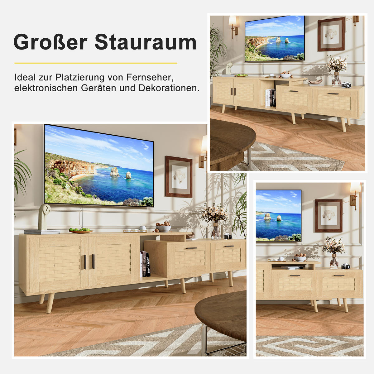 TV-SCHRANK 180x30x44 cm in Rattanoptik mit Schubladen und Türen - Naturfarben, Holz (30/44/180cm) - PARAFTA HOME