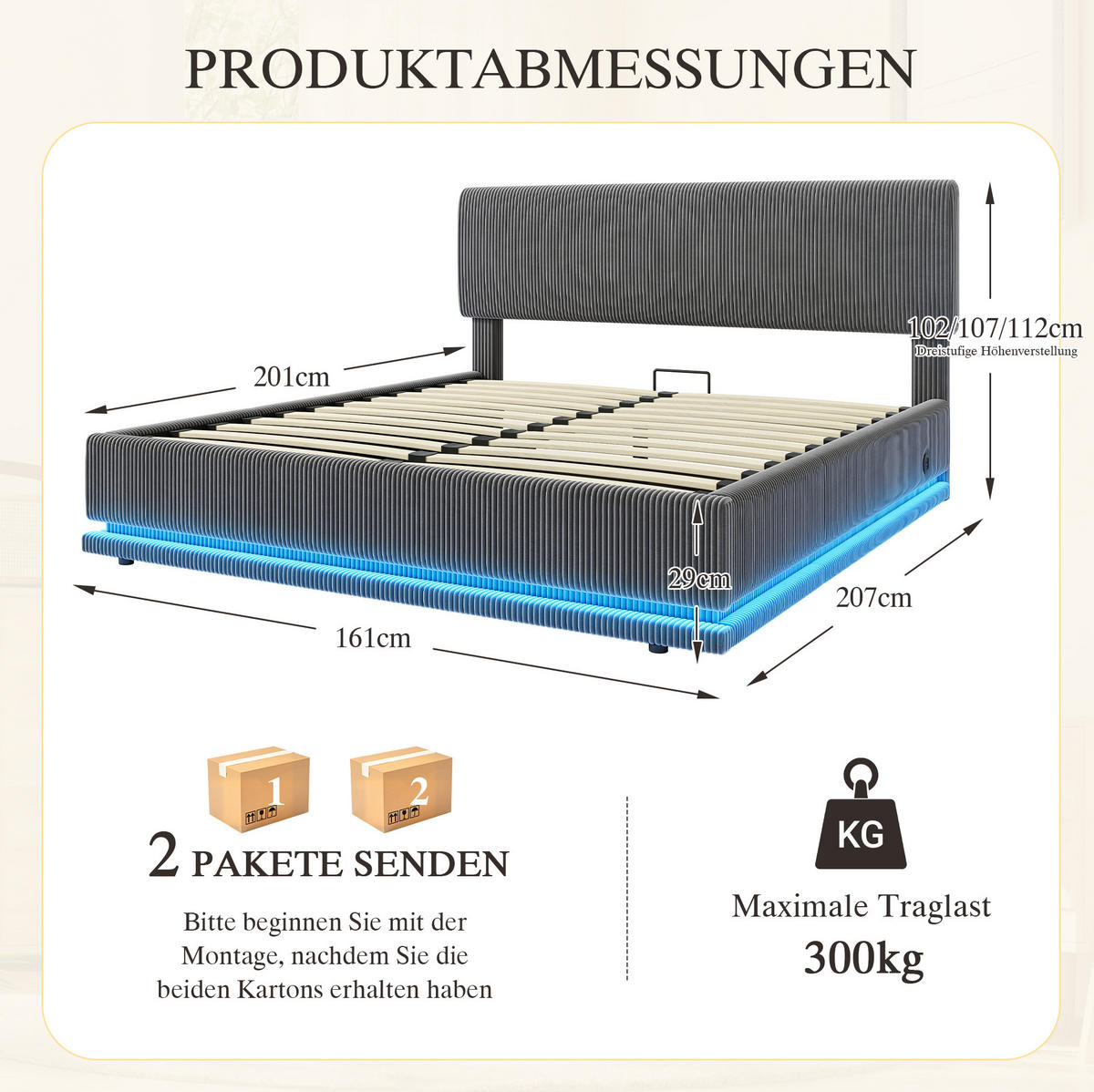 POLSTERBETT 160/200 cm mit LED-Beleuchtung, USB-C-Anschluss und Bettkasten, Dunkelgrau - Dunkelgrau, Textil (160/200cm) - Redom