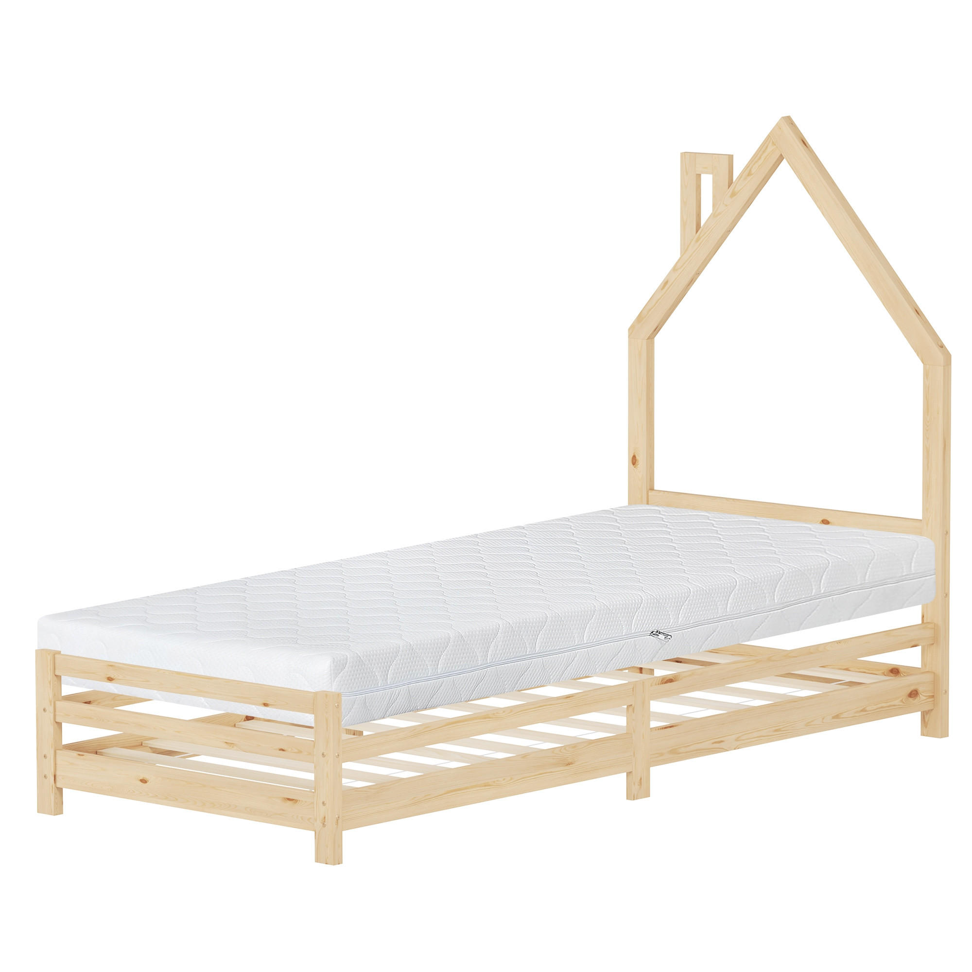 KINDERBETT Haus 90x200 cm mit Matratze Natur Kiefernholz - Naturfarben, Holz (90/200cm) - ML-DESIGN