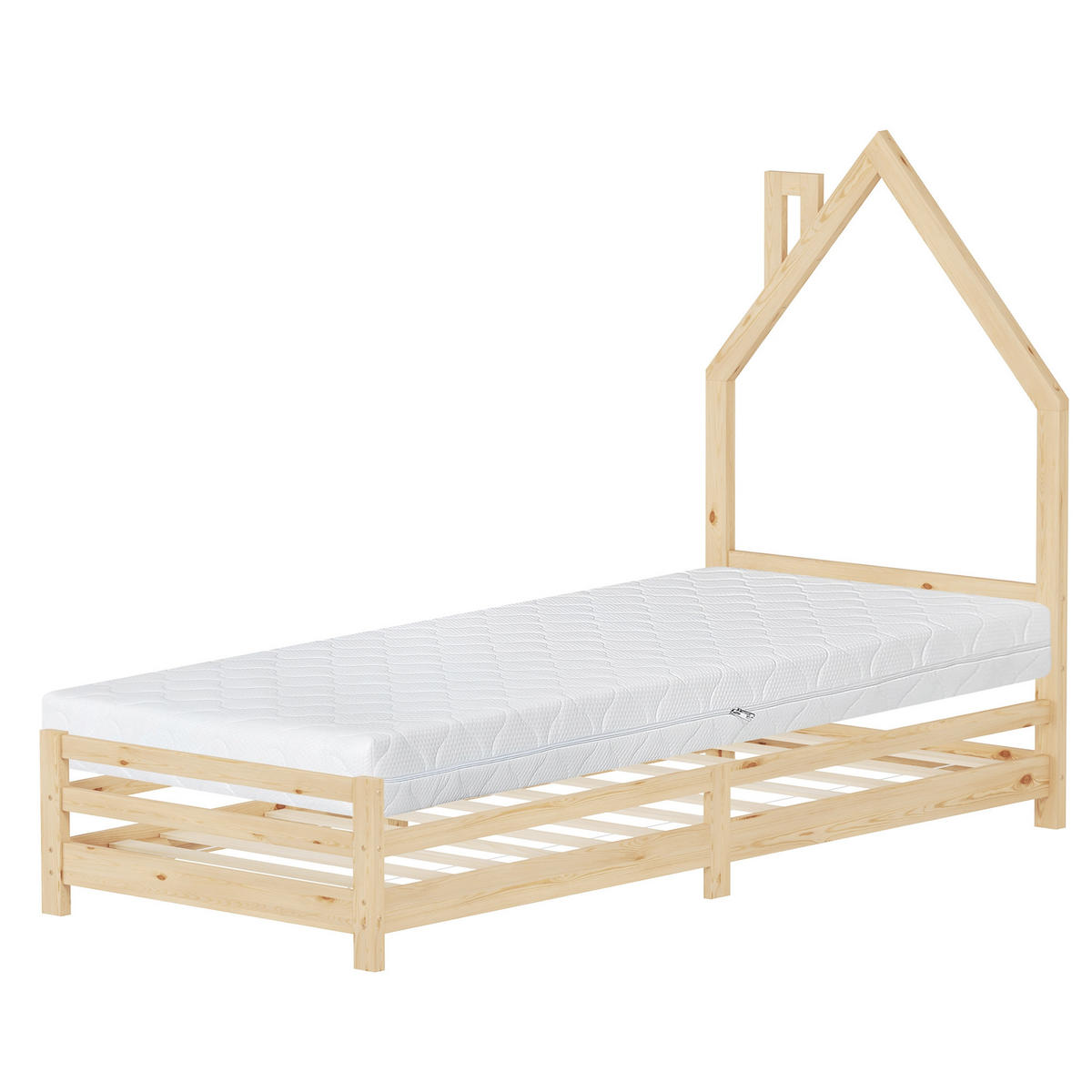KINDERBETT Haus 90x200 cm mit Matratze Natur Kiefernholz - Naturfarben, Holz (90/200cm) - ML-DESIGN