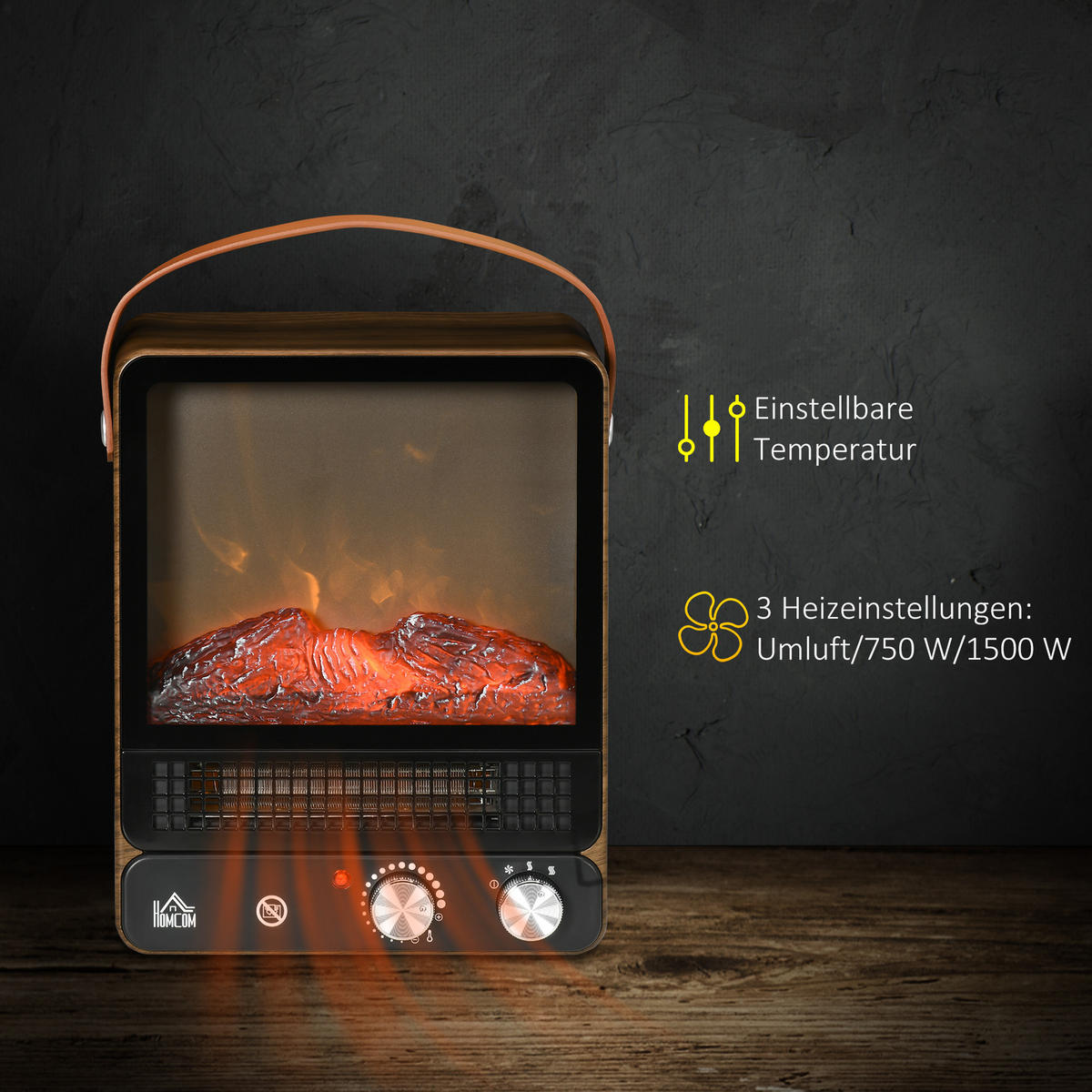 ELEKTROKAMIN mit Flammeneffekt, 750/1500W, für Wohnzimmer & Innenräume - Braun, Metall (17.5/37.4/30.3cm) - HOMCOM