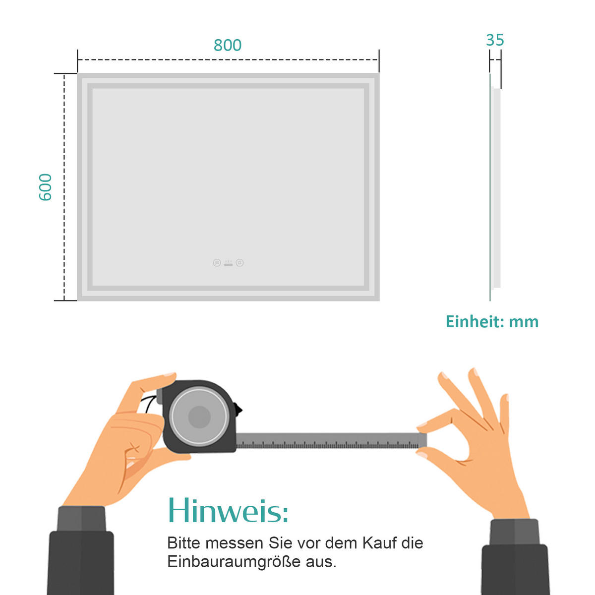 BADSPIEGEL mit Beleuchtung mit Bewegungssensor, 80/60/3,5 cm - Weiß, Glas (60/3.5/80cm) - EMKE