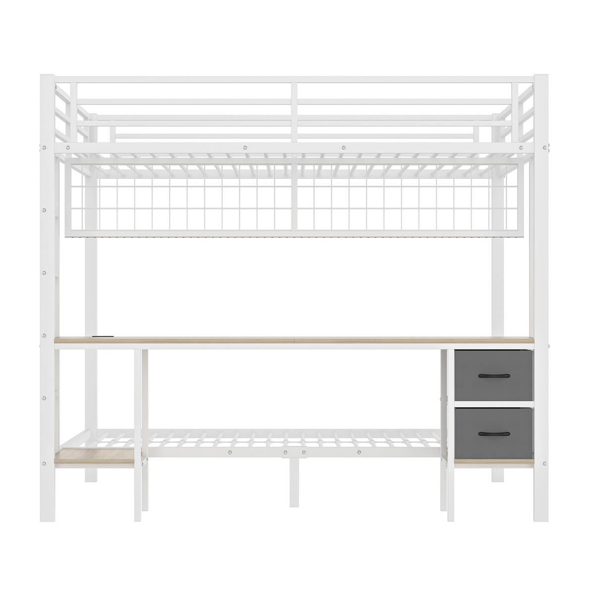 HOCHBETT aus Metall 140x200 cm Weiß mit Schreibtisch, Schubladen, Regalen, Hängegitter, LED-Leiste und USB-Anschluss - Weiß, Metall (90/200cm) - Modfu