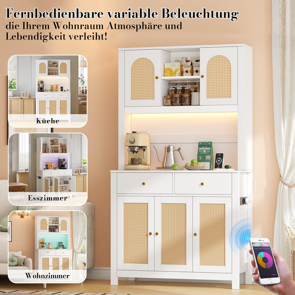 BUFFET DE-38637 100/40/180 cm LED-Beleuchtung und 5 Rattantüren Weiß - Weiß, Holzwerkstoff (100/180/40cm) - ComfortXL