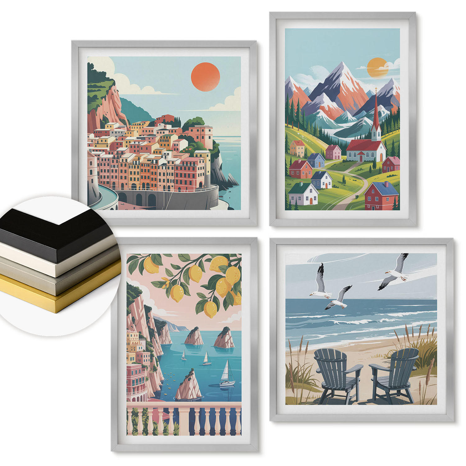 WANDBILDER 4er Set - 50x50 cm & 40x60 cm Silberner Rahmen - Farbenfrohe Berge und Küstenstädte - Silberfarben, Kunststoff (50/50cm) - ArtPrintCave