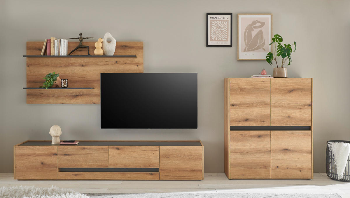 WOHNWAND Evoke Eiche, grau, Wohnkombination Set 3-teilig, 343 cm - Eichefarben/Schwarz, Holz/Holzwerkstoff (360/180/45cm) - Furn.Design