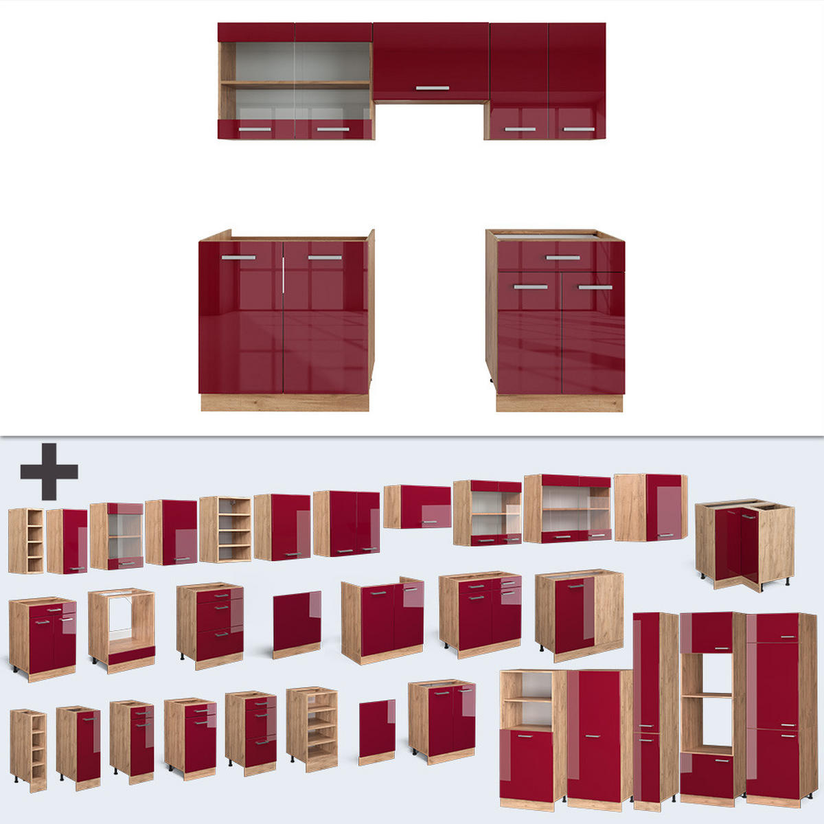 KÜCHENZEILE R-Line Rot Hochglanz/Goldkraft Eiche 200 cm ohne Arbeitsplatte - Honigeiche/Rot, Holzwerkstoff (200/81.6/46cm) - Vicco