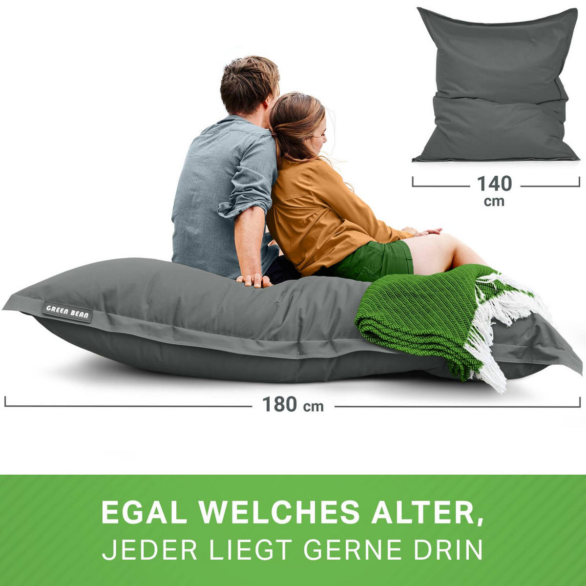 RIESEN-SITZSACK "Square" 140x180cm 380 L - Dunkelgrau, Textil (140/25/180cm) - Green Bean