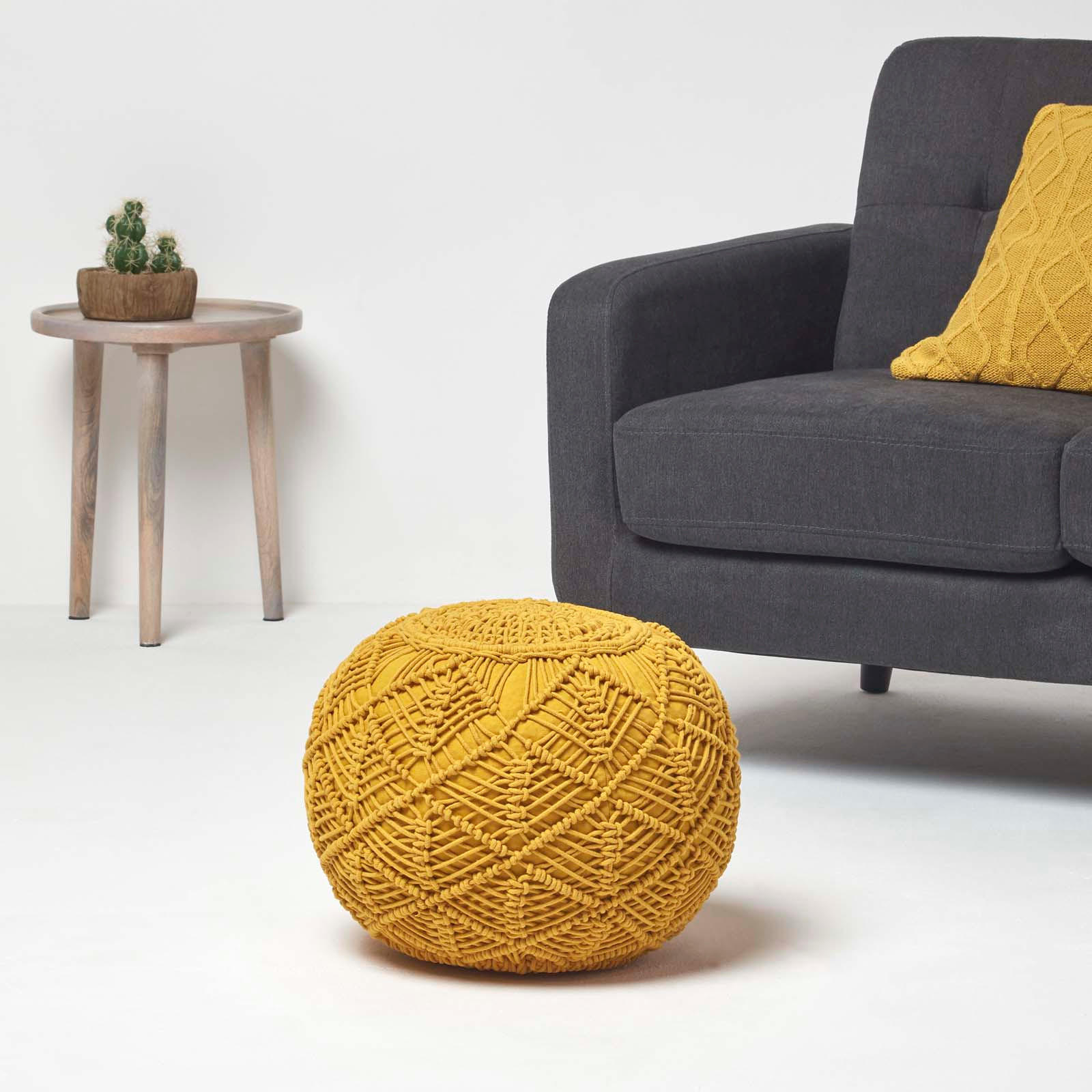 POUF senfgelb im Makramee-Stil, 40/40/35 cm - Currygelb, Textil (40/35/40cm) - Homescapes