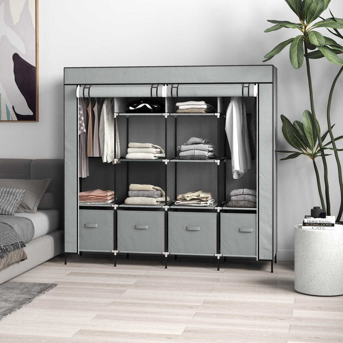 STOFFSCHRANK Kleiderschrank mit Kleiderstange, 10 Fächern, 4 Schubladen - Dunkelgrau, Metall (42.5/169.5/166cm) - HOMCOM