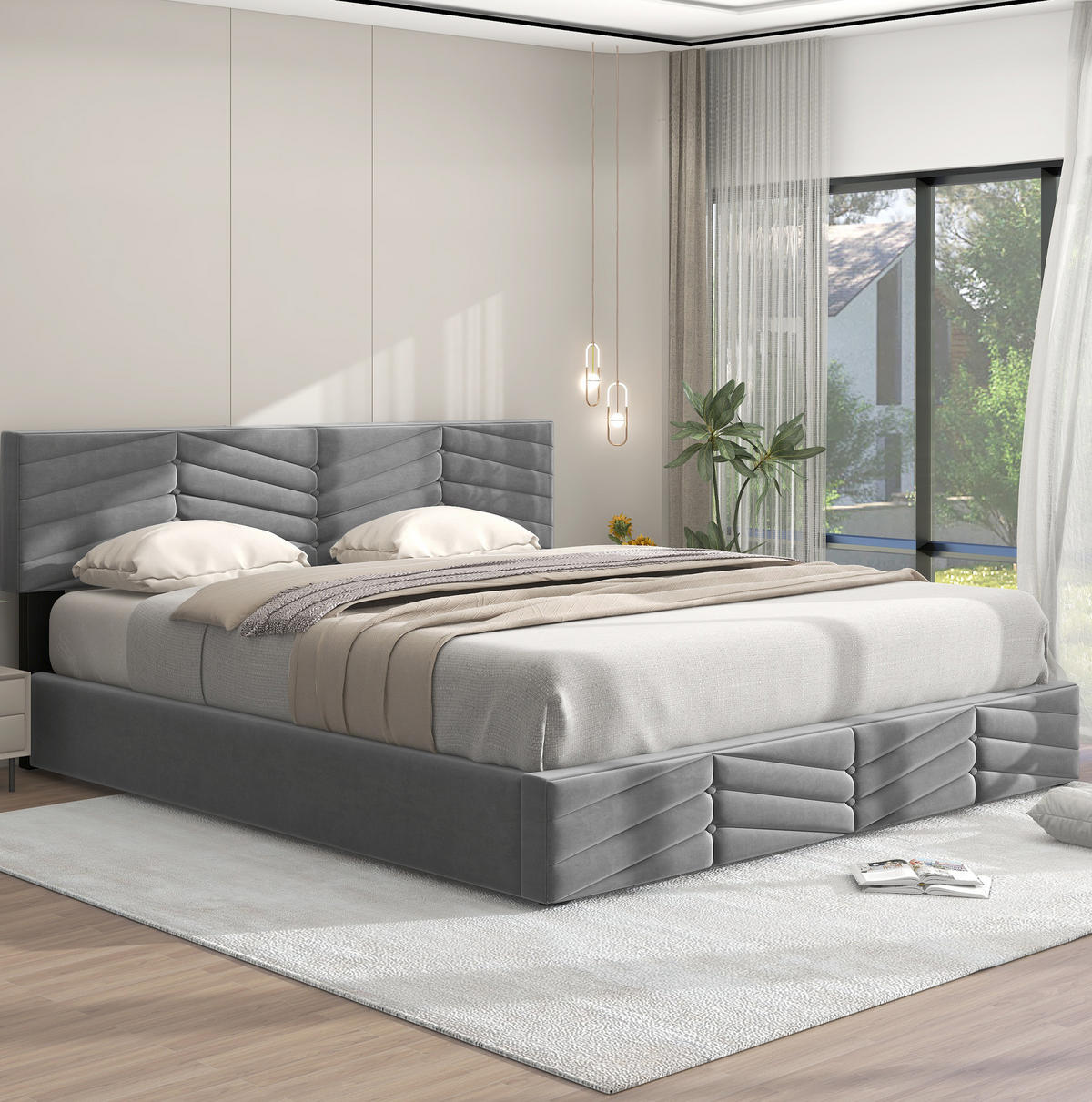 POLSTERBETT 160/200 cm grau mit Stauraum und höhenverstellbarem Kopfteil - Grau, Textil (160/200cm) - OKWISH