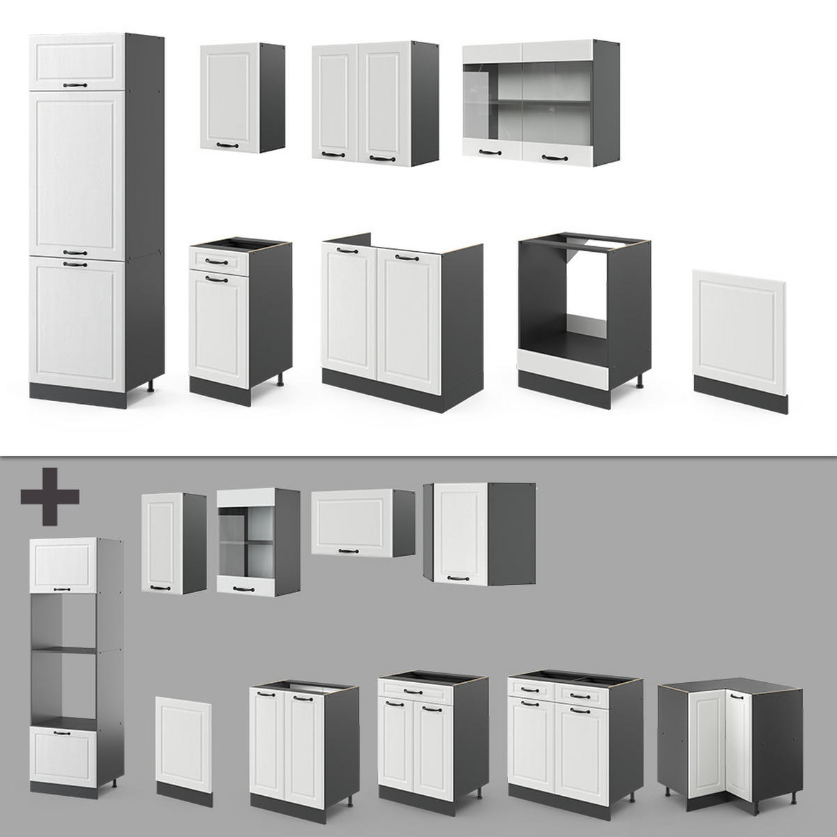 KÜCHENZEILE R-Line Weiß Landhaus/Anthrazit 300 cm, AP Eiche - Anthrazit/Creme, Holzwerkstoff (300/81.6/60cm) - Vicco