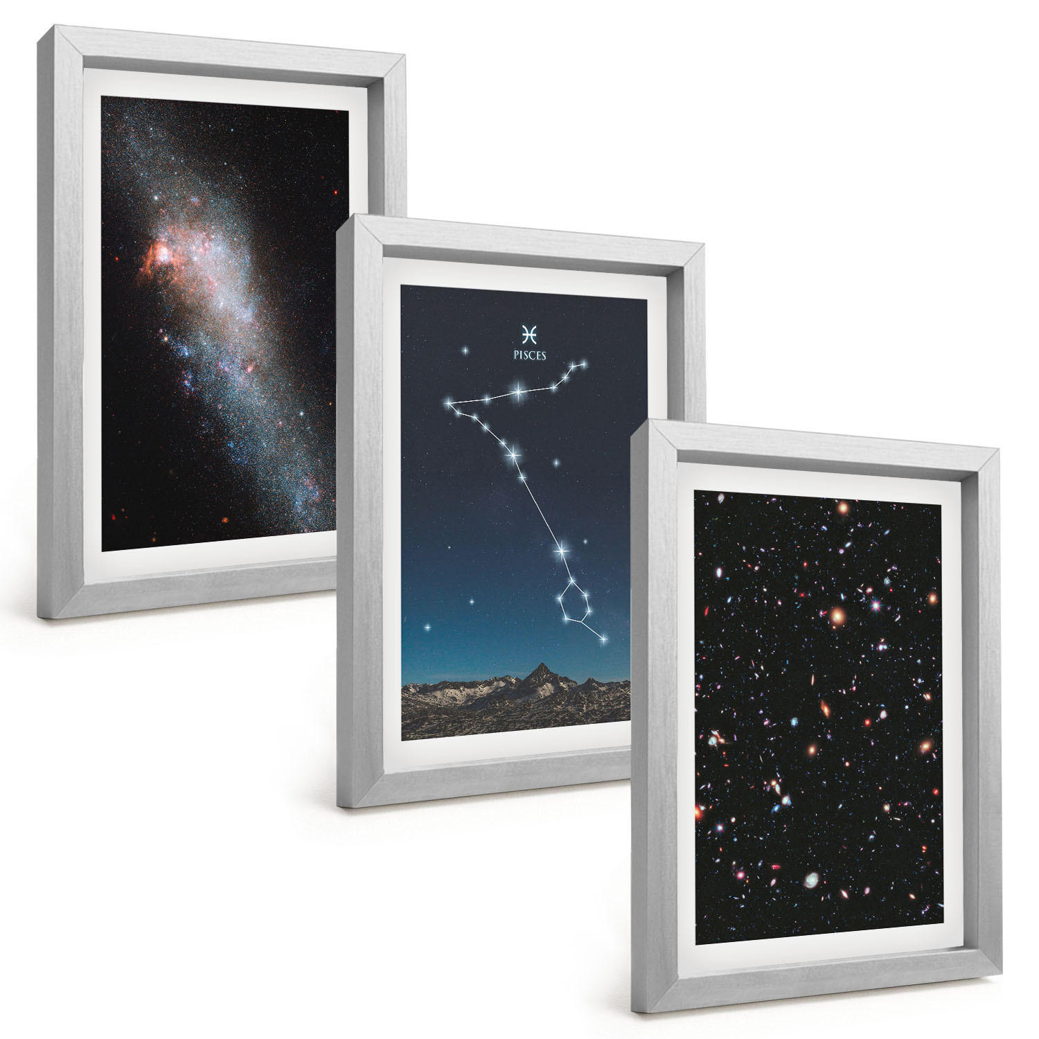 BILDER SET 3er Set - 20x30 cm Silberner Rahmen - Die kosmischen Landschaften der Fische-Galaxie - Silberfarben, Kunststoff (20/30cm) - TULUP