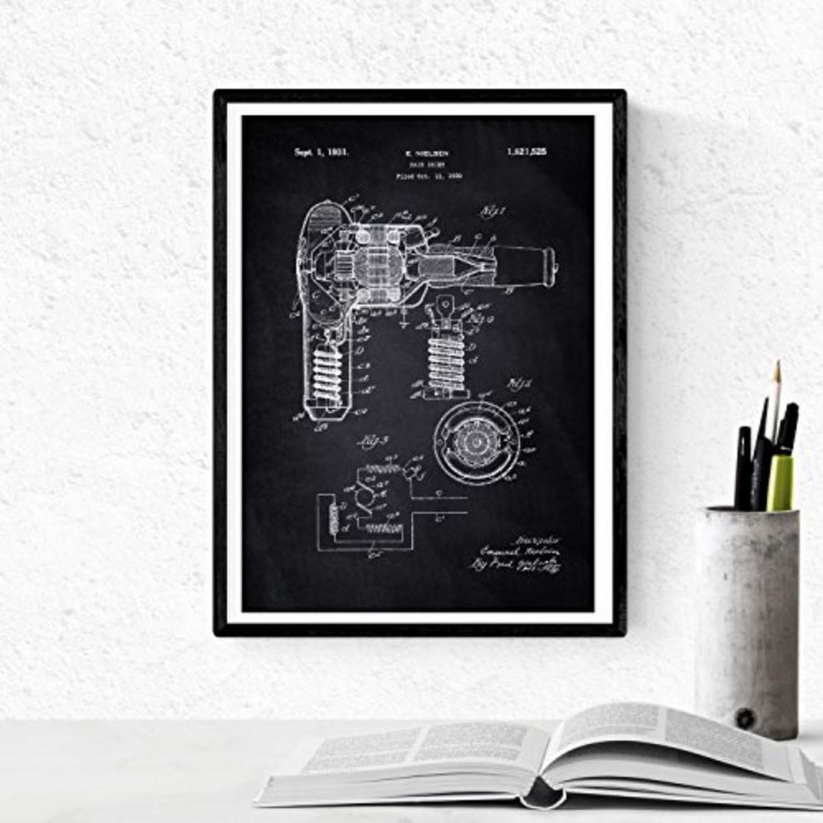 POSTER Set mit 4 Schwarz Friseurläden Patent A4 Schwarzer Rahmen - Schwarz, Papier (29.7/3cm) - Nacnic