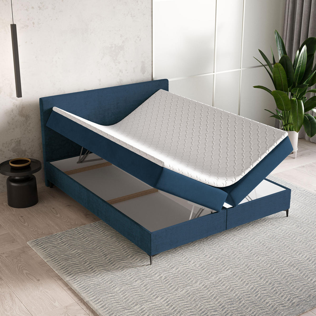 BOXBETT TORREL 140x200 cm mit Matratze und Topper - Blau - Blau, Holz (140/200cm) - MASSENO
