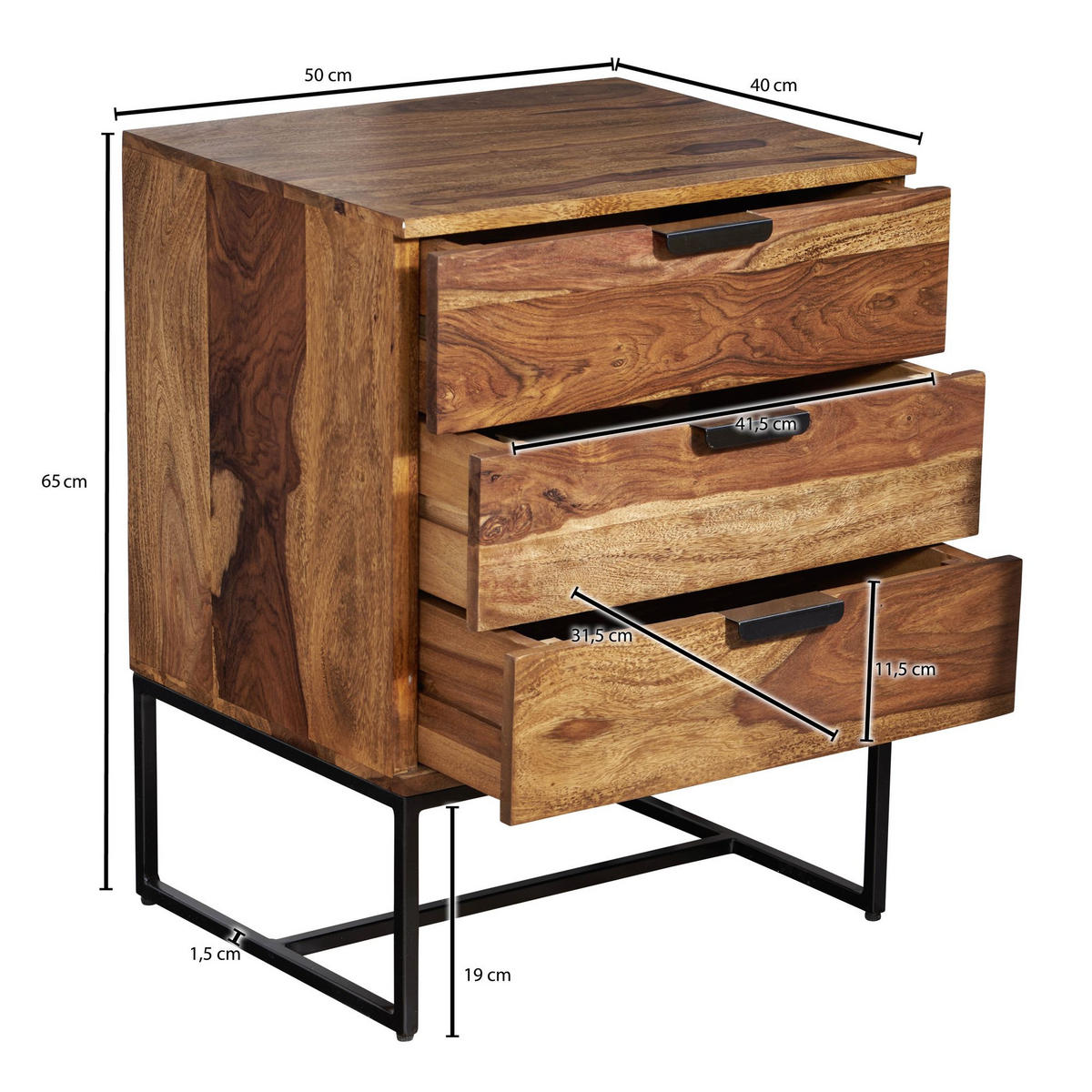 NACHTTISCH – Massivholz/Eisen, 50x40x65 cm, 3 Schubladen, Industrial-Stil - Schwarz/Braun, Holz/Metall (50/65/40cm) - KADIMA DESIGN
