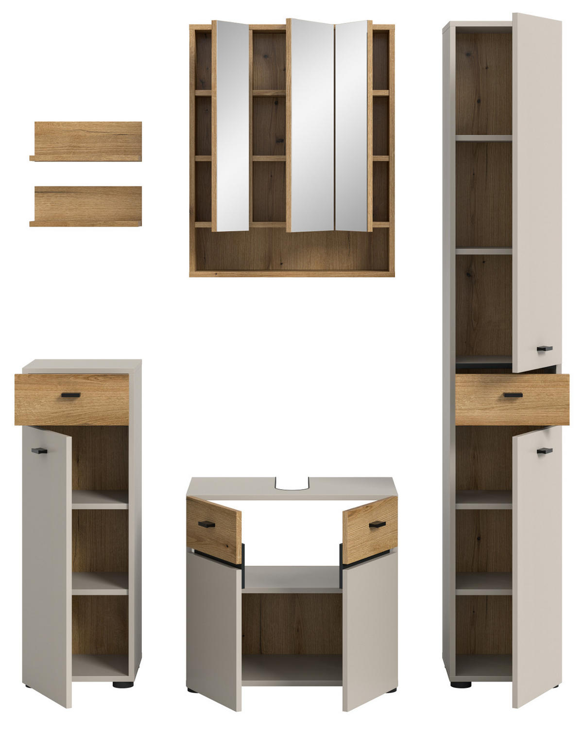BADMÖBEL-SET Kaschmir, Evoke Eiche 6-teilig 154 cm, Komplettset mit viel Stauraum - Kaschmir/Eichefarben, Glas/Holzwerkstoff (154/191/35cm) - Inn.Furn
