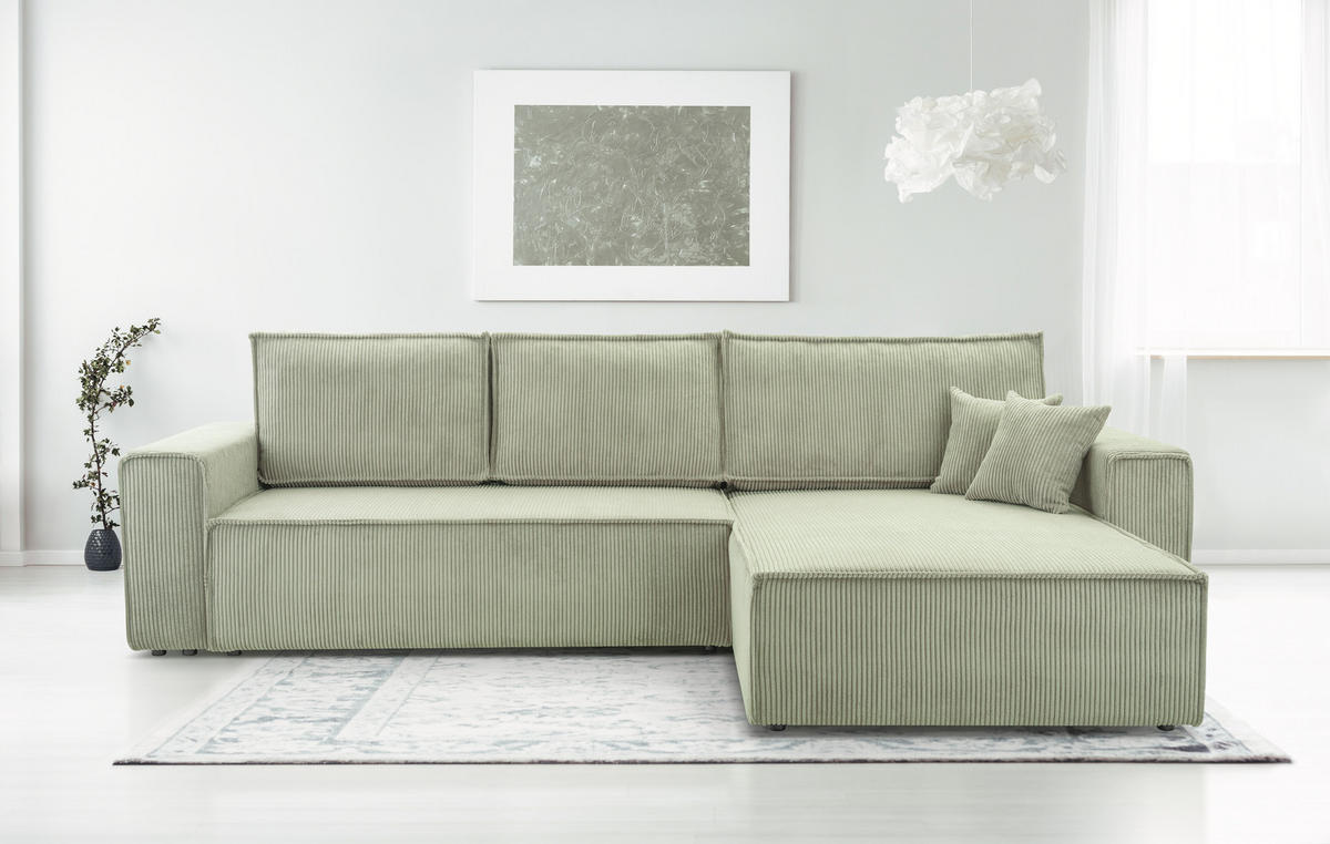 ECKSOFA L Form Cedria Salbeigrün 287/145/85 cm mit Schlaffunktion - Schwarz/Grün, Kunststoff/Textil (287/145cm) - AX Living