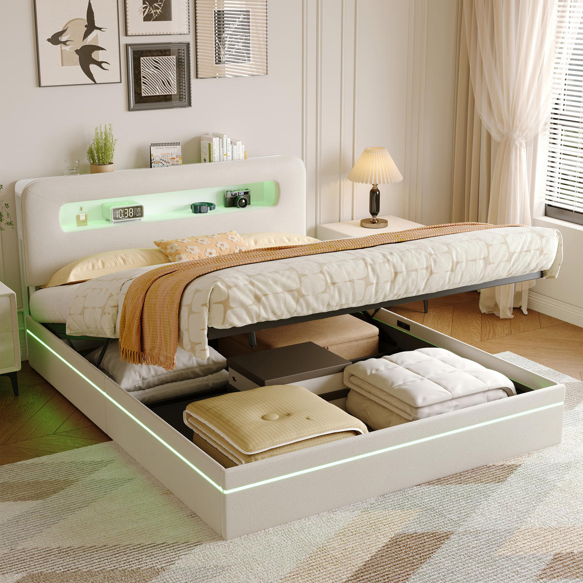 POLSTERBETT 140/200 cm Beige mit hydraulischem Stauraum, LED-Kopfteil mit Ablage und USB-Anschluss - Beige, Metall (140/200cm) - EuroLiving